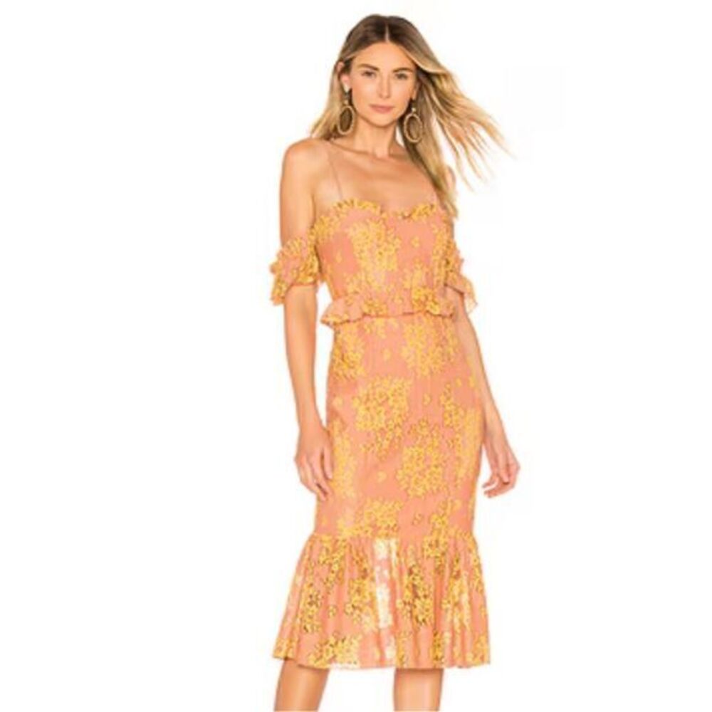 Majorelle Sashie Midi Dress Yellow Tan Golden Blush Lace Sheath Formal Shoulder